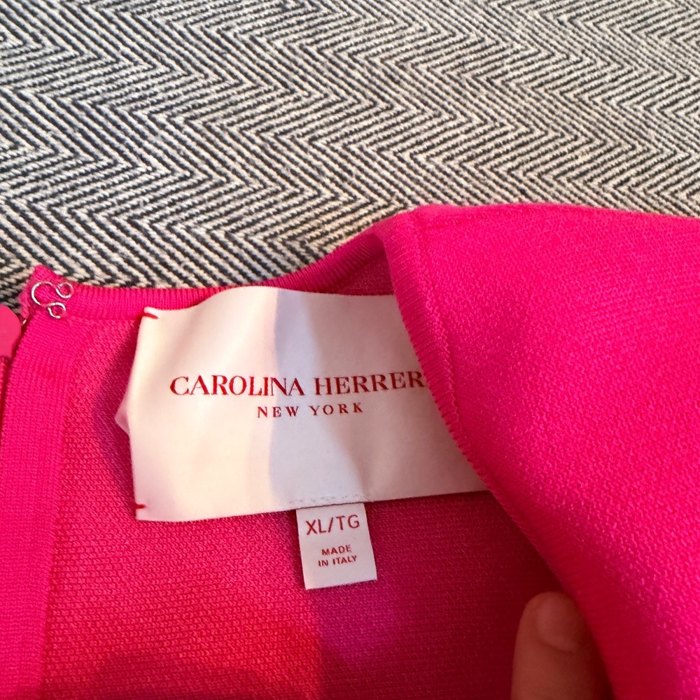 CAROLINA HERRERA - Bright Pink Knit Fit and Flare Dress with Perforated him - Picture 4 of 6